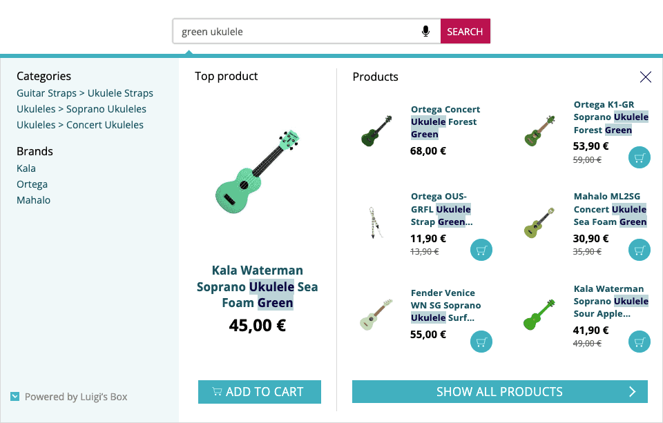 Searching green ukulele in Luigi's Box powered e-shop.