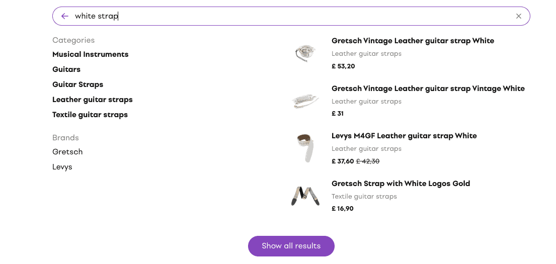 Searching for a white strap in Muziker e-shop.